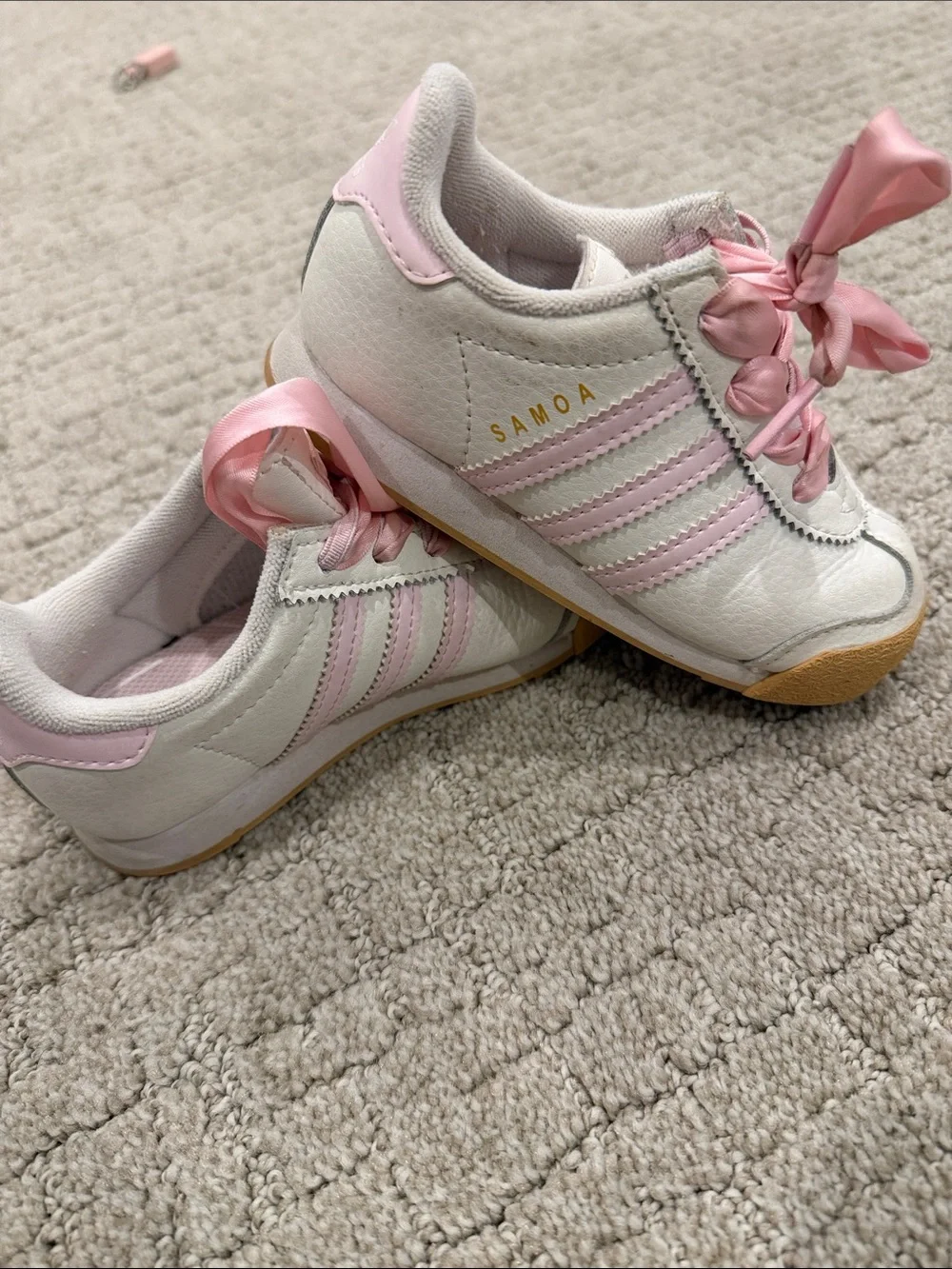 adidas Kids White Sneakers with Pink Accents and Satin Laces